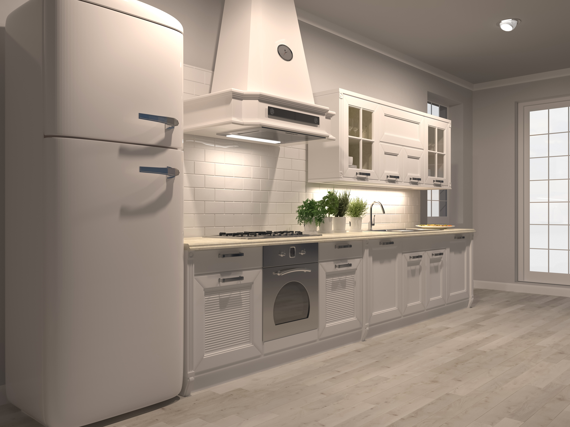 New luxury kitchen white interior residential render 3d illustration New luxury kitchen white interior residential render 3d illustration