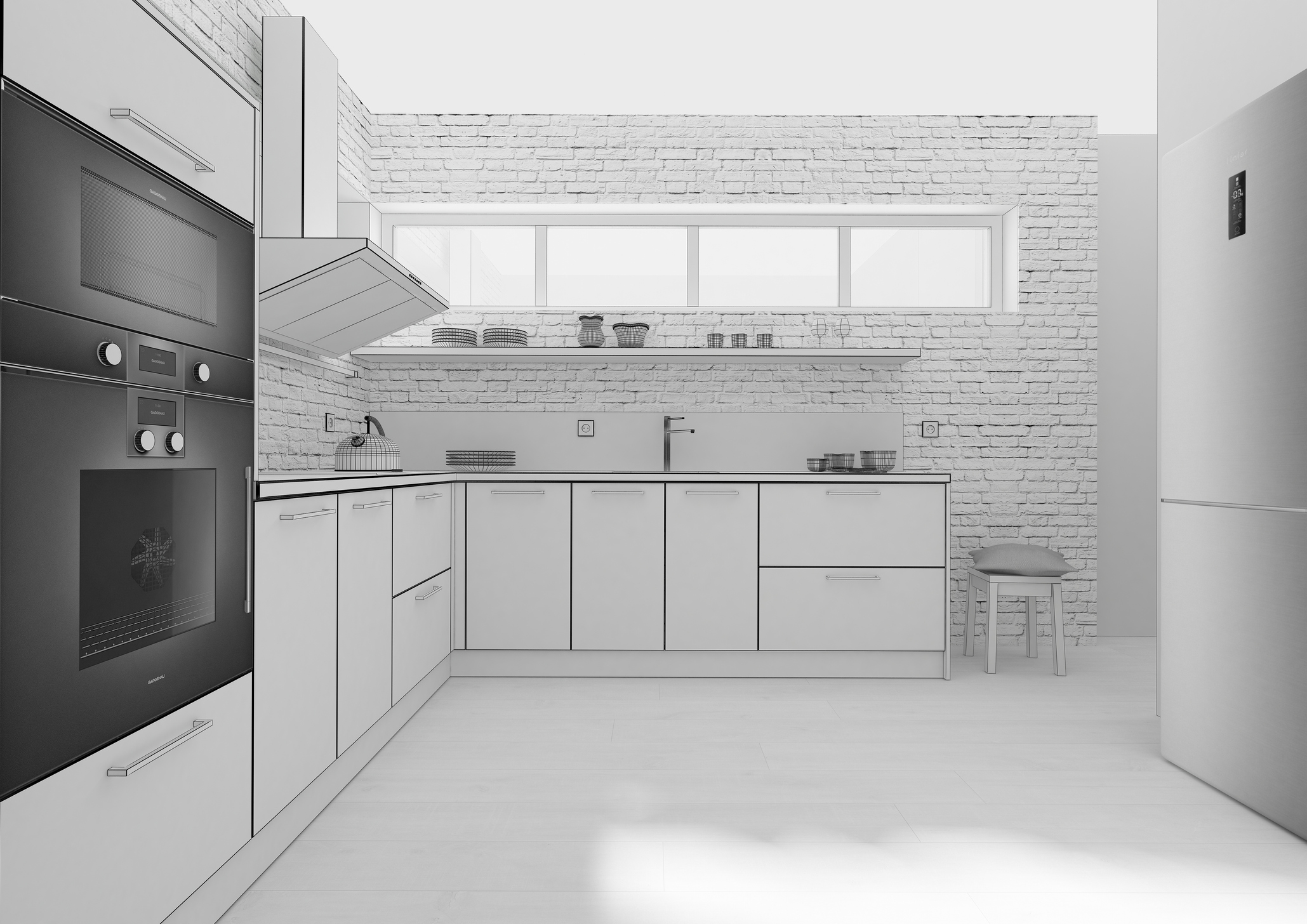 Kitchen interior grid 3D rendering Kitchen interior grid 3D rendering