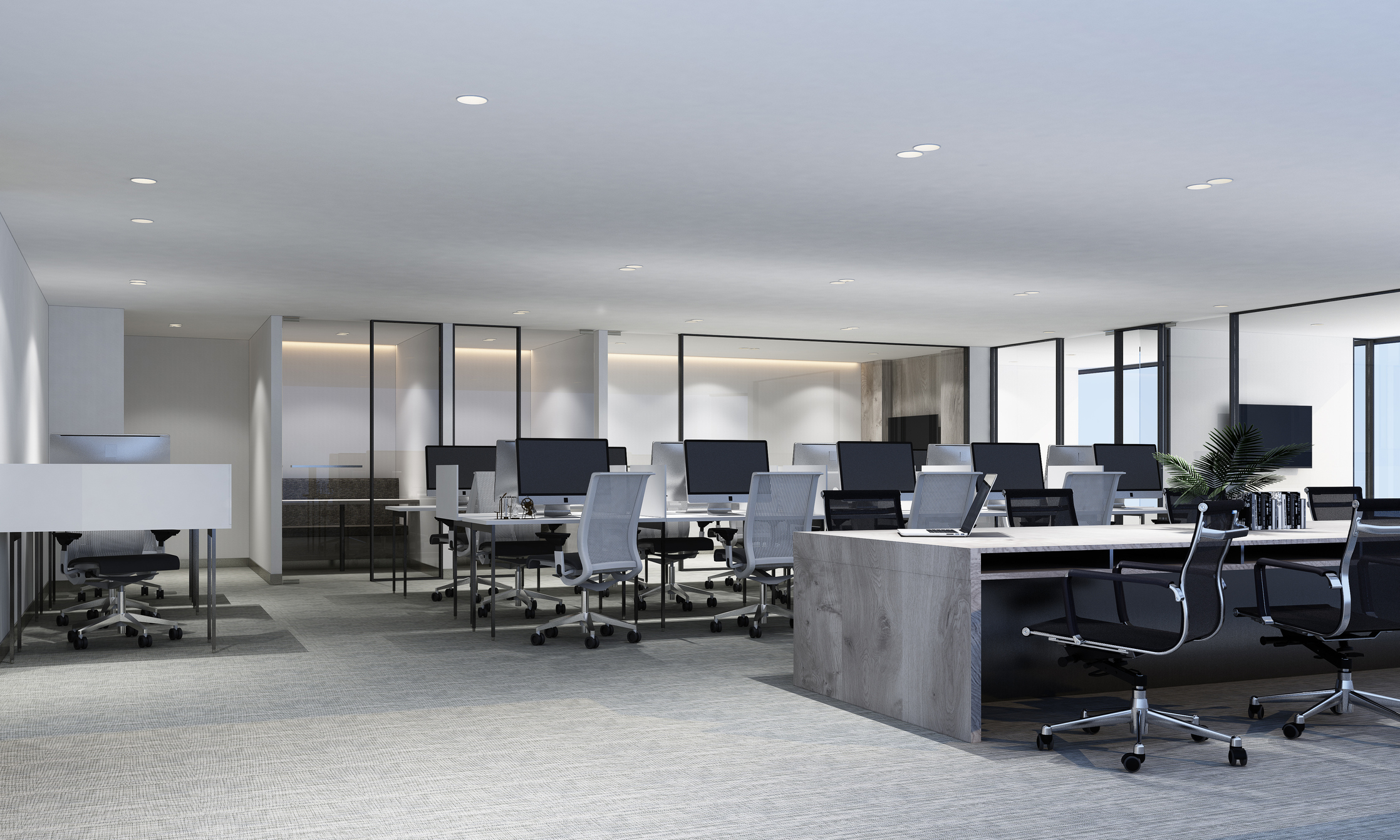 Working area in modern office with carpet floor and meeting room. interior 3d rendering Working area in modern office with carpet floor and meeting room. interior 3d rendering